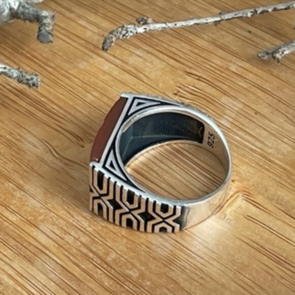 925 Sterling Silver Men's Ring With Agate Stone - Picture 6 of 12